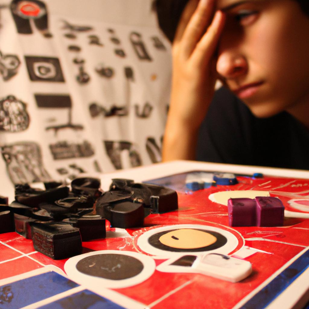 Person playing board game, thinking