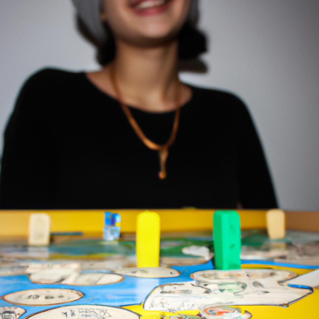Person playing board game, smiling